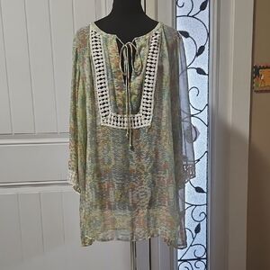 Daniel Rainn Sheer Abstract Print Peasant Boho Tunic Coverup Top 1X